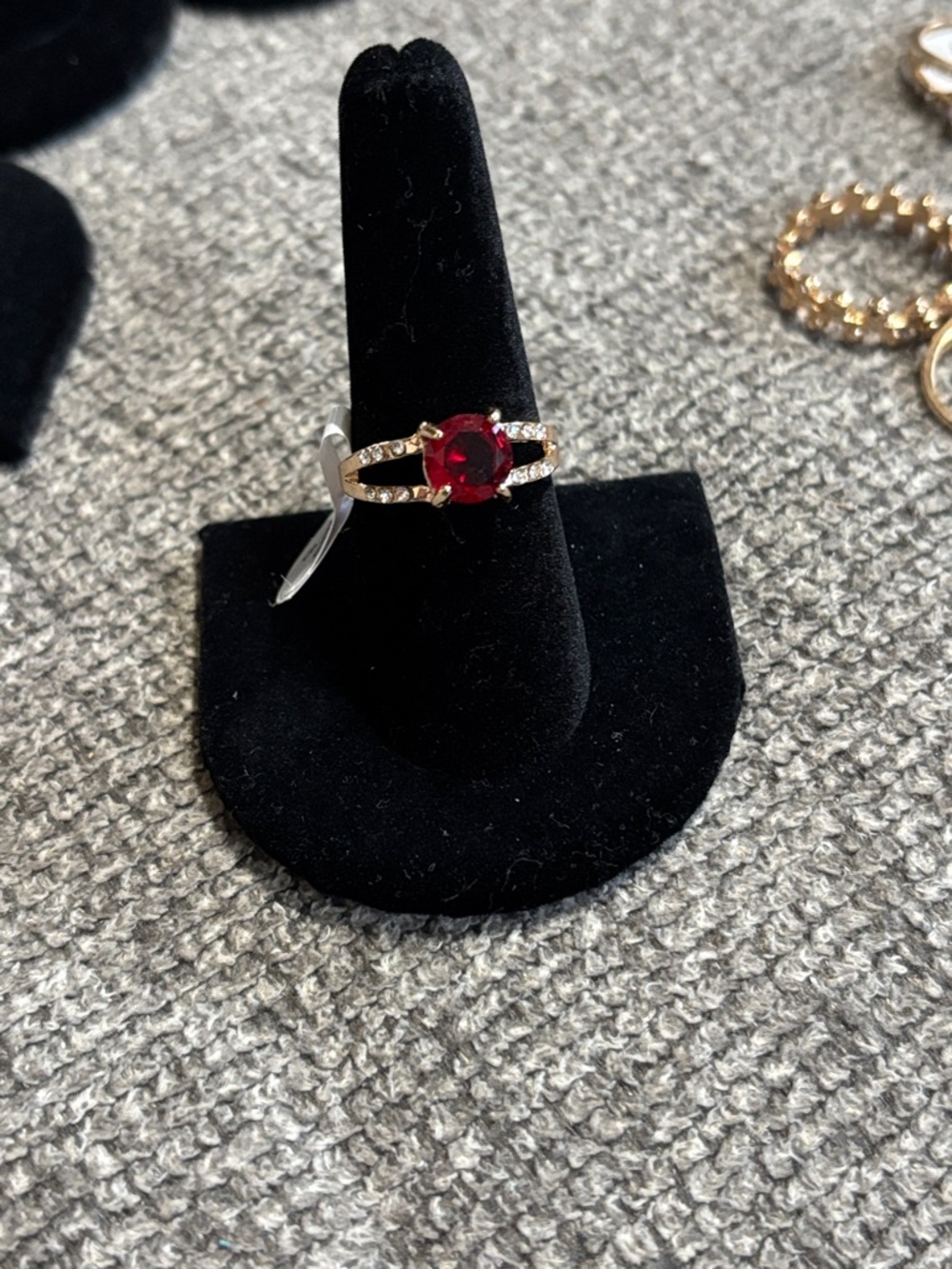 Gold Ring with Red Center Stone and Pavé Accent size 9